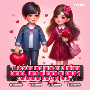 Ilustración de una pareja de niños escolares con mochilas caminando de la mano con timidez y ternura; la niña sostiene un ramo de rosas rojas sobre un fondo rosa con corazones.