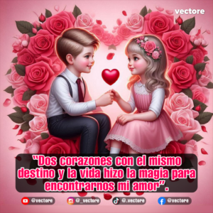 Arte romántico de un niño y una niña vestidos formalmente, sentados de frente y tomados de la mano en medio de un gran corazón hecho de rosas rosadas y un pequeño corazón flotando entre ellos.