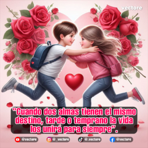 Dibujo digital de dos niños enamorados corriendo con entusiasmo el uno hacia el otro para abrazarse, llevando mochilas a la espalda y rodeados de rosas rojas y un corazón gigante de fondo.