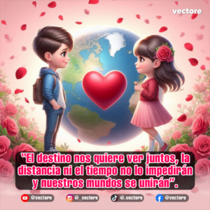 Ilustración digital de un niño con mochila y una niña con una rosa en el cabello mirándose con ternura a los lados del planeta Tierra, con un gran corazón rojo brillante flotando en el centro y rodeados de rosas.