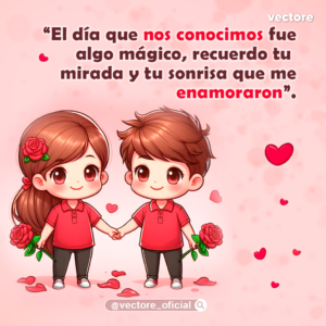 Dibujo digital de una pareja de niños chibi tomados de la mano, vistiendo camisetas rojas y pantalones oscuros, cada uno sosteniendo una rosa roja sobre un fondo rosa pastel.