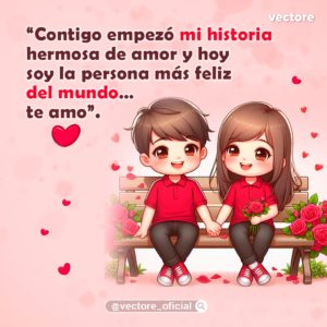Caricatura de una romántica pareja chibi sentada de la mano en una banca de madera de parque, decorada con grandes ramos de rosas rojas a los lados y pequeños corazones flotando.