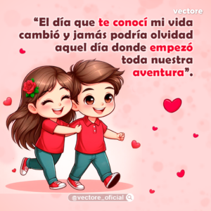 Ilustración en estilo chibi de una niña abrazando el brazo de un niño mientras caminan felices juntos hacia adelante, ambos con camisetas rojas y jeans azules.