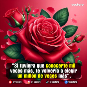 Composición romántica digital con una gran rosa roja abierta en el centro con hojas verdes detalladas, rodeada de capullos de rosa y pétalos sueltos cayendo sobre un fondo rojo difuminado.