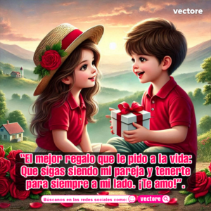 Ilustración romántica en estilo animado de un niño sonriente con polo rojo que le entrega un regalo blanco con lazo rojo a una niña con sombrero de paja adornado con una rosa, sentados en un prado con colinas, flores rojas y pequeñas casas de fondo durante el atardecer.