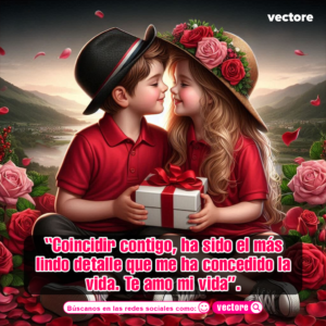 Ilustración romántica en 3D de una pareja de niños con camisas rojas sentados juntos; el niño lleva un sombrero negro y sostiene un regalo blanco con lazo rojo junto a la niña, rodeados de rosas rojas y pétalos flotantes con un fondo de montañas al atardecer.