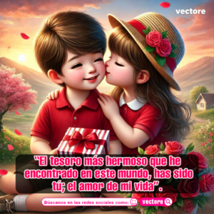 Arte digital en 3D de una niña sonriente con sombrero de paja decorado con rosas dándole un beso en la mejilla a un niño con camisa roja que sostiene un regalo; el fondo muestra un paisaje rural con una casa pequeña durante un cálido atardecer.