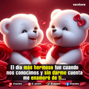 Ilustración romántica de dos tiernos ositos de peluche blancos sentados muy juntos en medio de un denso arreglo de rosas rojas naturales. El osito de la izquierda lleva un lazo rojo en el cuello y el de la derecha tiene un lazo rojo en la cabeza, rodeados de una atmósfera cálida con pétalos flotando.
