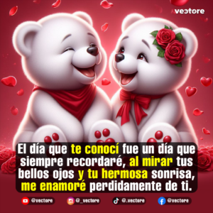 Dibujo digital de dos encantadores ositos blancos sonriendo con felicidad. La osita de la derecha destaca con un ramo de rosas rojas decorando su oreja y un lazo rojo al cuello, mientras el osito izquierdo lleva un pañuelo rojo, rodeados por corazones rojos flotantes.