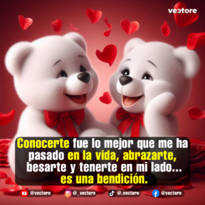 Dos ositos de peluche blancos con lazos rojos al cuello mirándose fijamente con sonrisas amorosas. Están rodeados de rosas rojas en la parte inferior y una lluvia de pétalos y corazones rojos sobre un fondo degradado romántico.