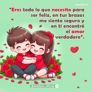 Ilustración animada estilo caricatura de un niño y una niña con camisetas rojas abrazándose alegremente en el suelo, rodeados de un círculo de rosas rojas y pétalos flotando sobre un fondo verde claro.
