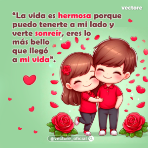 Caricatura romántica de una niña abrazando por la espalda a un niño, ambos sonrientes con ropa roja y jeans; el diseño incluye corazones rojos flotando, dos ramos de rosas en la base y un fondo verde pastel.