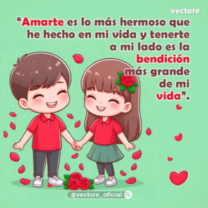 Dibujo infantil a color de un niño y una niña tomados de la mano y sonriendo felices; la niña lleva una rosa roja en el cabello y una falda verde, con pétalos cayendo a su alrededor sobre un fondo verde.