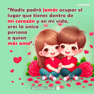 Ilustración digital de una pareja de niños caricaturizados sentados juntos en el suelo y tomados de la mano con timidez, rodeados de grandes rosas rojas y pétalos con un fondo verde suave.