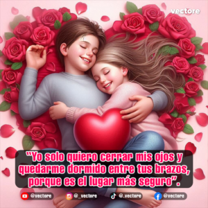 Arte digital de un niño y una niña recostados y abrazados alegremente en una cama rodeada de rosas rojas en forma de corazón, mientras sostienen un corazón rojo acolchado entre sus manos.