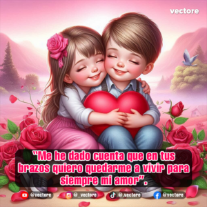 Dibujo romántico de una niña abrazando tiernamente por el cuello a un niño mientras ambos sostienen un gran corazón rojo brillante, sentados en un campo rodeados de rosas y un paisaje montañoso al amanecer.