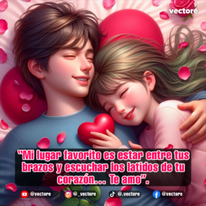 Ilustración de una pareja de niños recostados sonriendo con los ojos cerrados; la niña descansa su cabeza sobre el pecho del niño mientras sostienen juntos un pequeño corazón rojo, rodeados de pétalos de rosa.