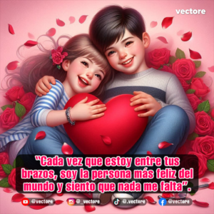 Ilustración de estilo animado de un niño y una niña acostados y abrazados alegremente sobre un fondo rosado, sosteniendo un cojín de corazón rojo gigante rodeados de rosas.