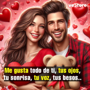 Ilustración romántica de una pareja joven sonriendo felizmente, rodeados de corazones rojos flotando en el fondo. El hombre lleva una camisa a cuadros roja y la mujer un vestido rojo mientras sostiene un corazón; en medio de ambos hay un oso de peluche marrón