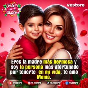 Dibujo digital de una joven madre con cabello castaño sonriendo cálidamente mientras abraza fuertemente a su pequeño hijo de playera roja, rodeados de pétalos de rosa flotando en un fondo rosa y rojo.