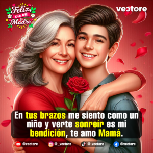 Imagen digital de un hijo adolescente abrazando a su madre de cabello canoso y sonrisa tierna, quien sostiene una rosa roja en sus manos bajo una lluvia de pétalos sobre un fondo rojizo.