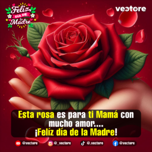 Primer plano digital de una mano abierta sosteniendo una gran rosa roja completamente abierta con hojas verdes perfectas, enmarcada en un fondo rojo oscuro con pétalos flotando.