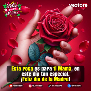Ilustración de una mano detallada sosteniendo firmemente el tallo verde con espinas de una rosa roja fresca, rodeada de pétalos dispersos en un fondo degradado de rojo a oscuro.
