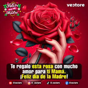 Composición digital de una mano femenina con uñas pintadas de rojo sosteniendo una rosa roja grande y elegante desde su tallo, con capullos de rosas a los lados y fondo texturizado carmesí.