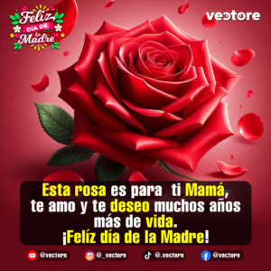 Ilustración digital enfocada en una gran rosa roja con hojas verdes sobre un fondo rojo difuminado con pétalos a su alrededor, transmitiendo un mensaje de amor filial.