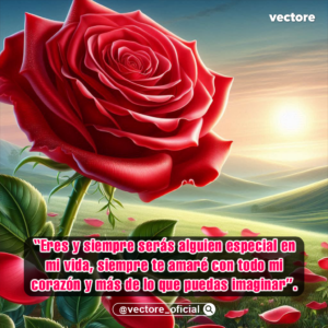 Composición romántica que destaca una rosa roja completamente abierta sobre un campo verde lleno de pétalos dispersos, con un fondo de colinas suaves bajo un radiante amanecer o atardecer.