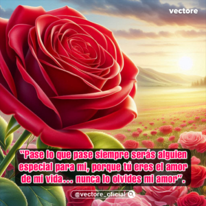 Ilustración romántica en primer plano de una gran rosa roja con gotas de rocío en sus pétalos, situada sobre un extenso campo repleto de rosas rojas bajo un cielo cálido de atardecer.