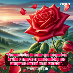 Imagen artística de una hermosa rosa roja brillante en primer plano, rodeada de pétalos flotando en el aire, con un fondo de colinas verdes y montañas difuminadas durante el amanecer.