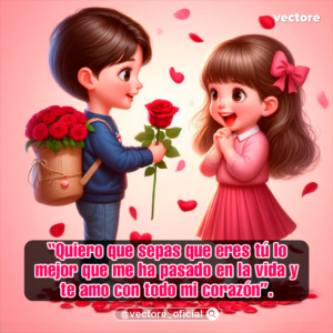Arte digital de un niño con una mochila llena de rosas rojas entregándole una rosa a una niña con vestido rosa que junta las manos emocionada, en un fondo rosa con pétalos y corazones flotando.