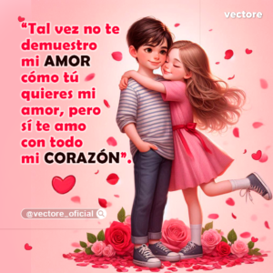 Ilustración romántica en 3D de una niña con vestido rosa abrazando por el cuello a un niño con camiseta a rayas y jeans; están rodeados de rosas rojas y pétalos flotando sobre un fondo rosa suave.