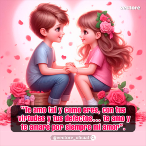 Arte digital en 3D de una pareja de niños sentados frente a frente tomados de las manos y mirándose con ternura, rodeados de arreglos de rosas rojas y un gran corazón iluminado al fondo.
