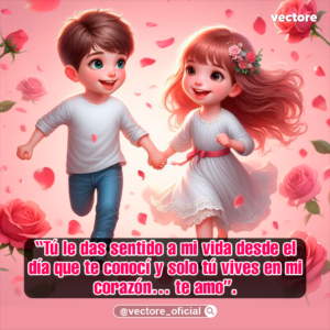 Ilustración animada en 3D de un niño y una niña corriendo alegremente de la mano; ella lleva un vestido blanco con flores en el cabello y él una camiseta blanca con jeans, rodeados de rosas flotantes.