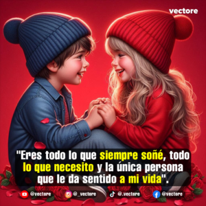 Dibujo animado de un niño y una niña con gorros de lana tejidos (azul y rojo) sentados de frente y tomados de las manos con miradas románticas sobre un fondo rojo con rosas en la base.