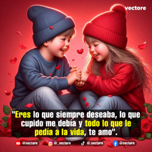 Ilustración digital de dos niños con gorros invernales sentados en el suelo tomados de la mano mientras sonríen alegremente, rodeados de pequeños corazones flotantes y rosas rojas en un fondo carmesí.