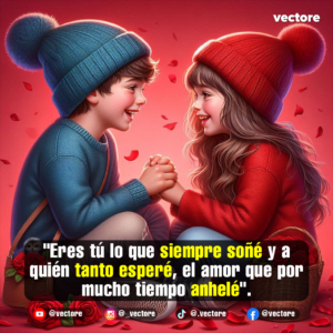 Arte digital de un niño con gorro azul y una niña con gorro rojo sentados juntos mirándose fijamente con sonrisas felices, acompañados por una pequeña canasta con rosas rojas a un lado.
