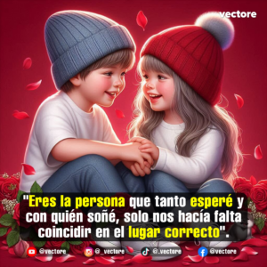 Dos niños con gorros de lana y camisetas blancas sentados muy juntos y tomados de la mano con ternura, rodeados de pétalos rojos flotando y arbustos llenos de rosas rojas de fondo.