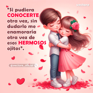 Dibujo digital romántico en 3D de un niño con camisa blanca abrazando tiernamente a una niña con vestido rosa que lleva una rosa en el cabello, sobre un suelo cubierto de pétalos rojos.