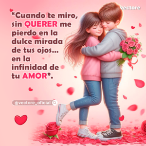 Arte digital en 3D de un niño con sudadera gris abrazando cariñosamente a una niña con sudadera rosa que sostiene un ramo de rosas rojas a su espalda, en un entorno lleno de pétalos flotantes.