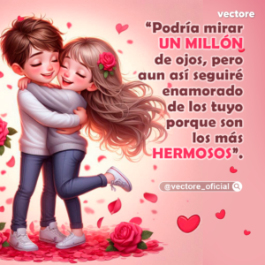Ilustración romántica en 3D de un niño y una niña abrazándose felices con los ojos cerrados; la niña lleva una rosa roja en el cabello y levanta una pierna, rodeados de corazones y pétalos flotantes.