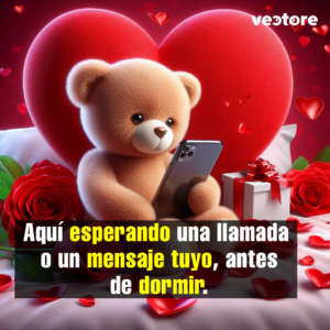Ilustración de un tierno oso de peluche sentado en una cama sosteniendo un teléfono celular inteligente, con un gran corazón rojo, rosas rojas y una caja de regalo blanca con lazo rojo de fondo