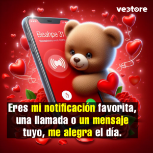 Imagen de un osito de peluche asomándose detrás de la pantalla iluminada de un teléfono celular que simula una llamada entrante, rodeado de rosas rojas y corazones flotando en una atmósfera brillante.