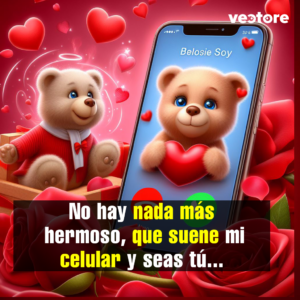 Ilustración de un teléfono móvil que muestra en su pantalla la imagen de un osito sosteniendo un corazón bajo el nombre "Belosie Soy", rodeado de rosas rojas realistas y otro oso de peluche sentado en una caja de regalo a la izquierda.