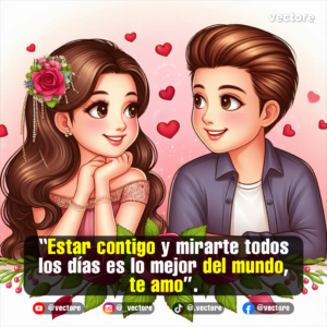 Ilustración digital de estilo anime de una pareja joven mirándose con ternura; la joven tiene una rosa rosa y adornos en su cabello largo, apoyando su barbilla en las manos, rodeados de corazones flotantes.