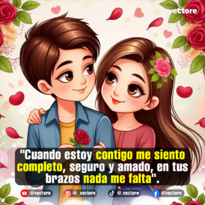 Arte romántico de un joven con chaqueta azul que sostiene una rosa roja, mientras una joven con una flor rosa en el cabello pasa su brazo sobre su hombro, rodeados de pétalos y corazones.