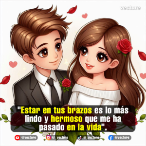 Dibujo digital de una pareja elegante vestida de novios; el hombre lleva un traje negro con una rosa roja en la solapa y la mujer luce un vestido blanco con una rosa en el cabello, enmarcados por rosas rojas.