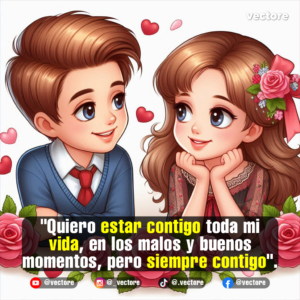 Ilustración de una tierna pareja sonriendo con las manos en las mejillas; el joven viste un suéter azul con corbata roja y la joven tiene un lazo rosa en su cabello, asomándose detrás de un arreglo de rosas.
